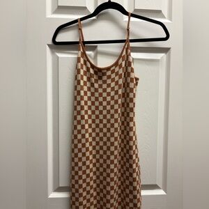 Checkered Brown and Cream Women's midi dress
